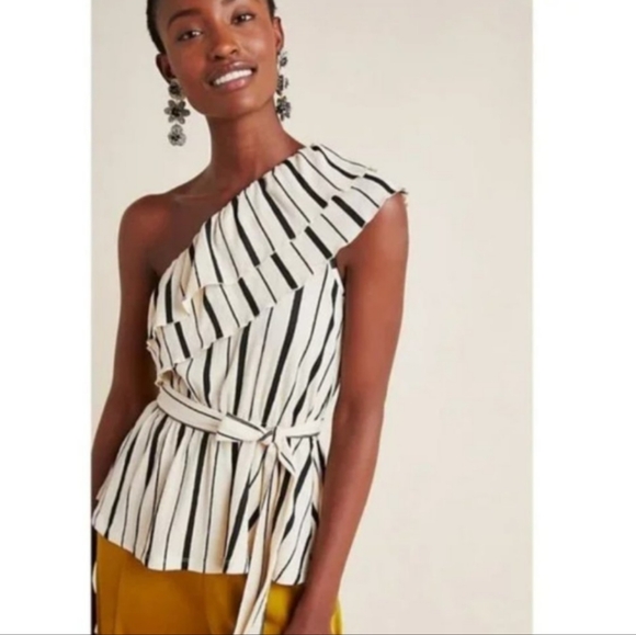 Maeve Tops - Anthropologie Maeve Rita striped One Shoulder ruffled top